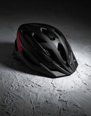 Fototapeta premium Black Protective Bike Helmet Isolated on a Mottled Gray Background for Cycling Safety and Gear