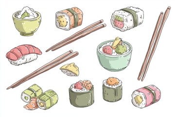 Simple illustration of Asian food items, sushi rolls and chopsticks, minimal details, isolated on white background. Concept of Japanese cuisine, dining, and food culture.