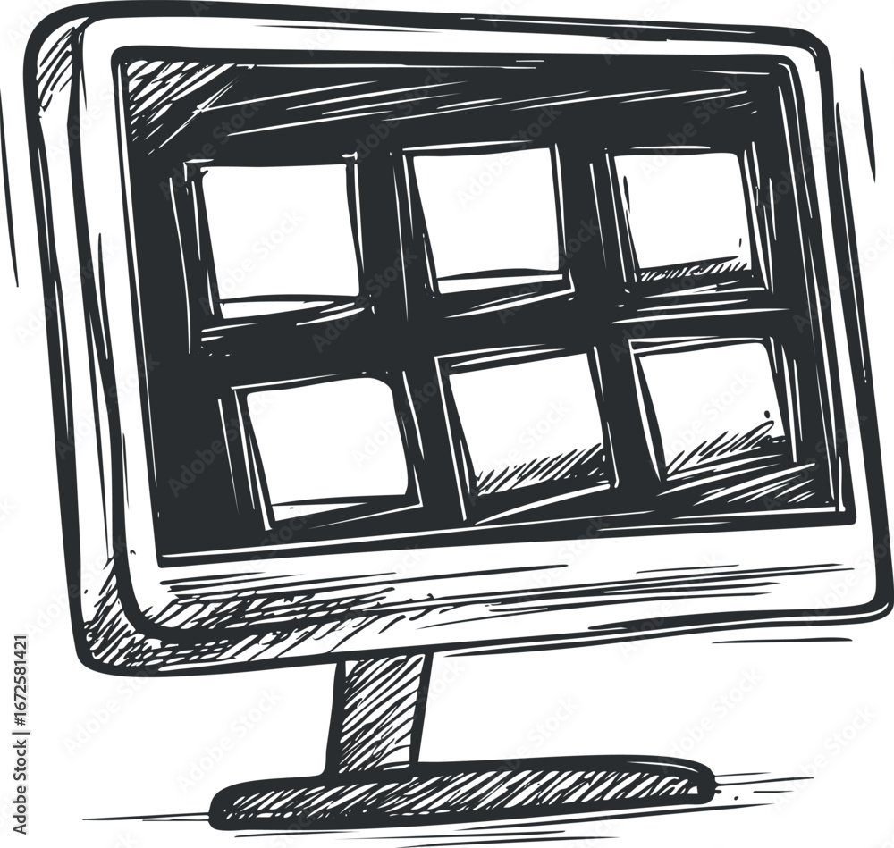 Poster hand-drawn sketch of a computer monitor screen with six window frames in black and white