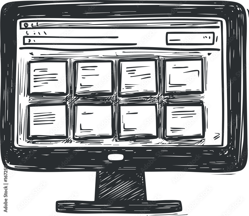 Poster hand-drawn illustration of a computer monitor displaying a webpage layout with multiple content bloc
