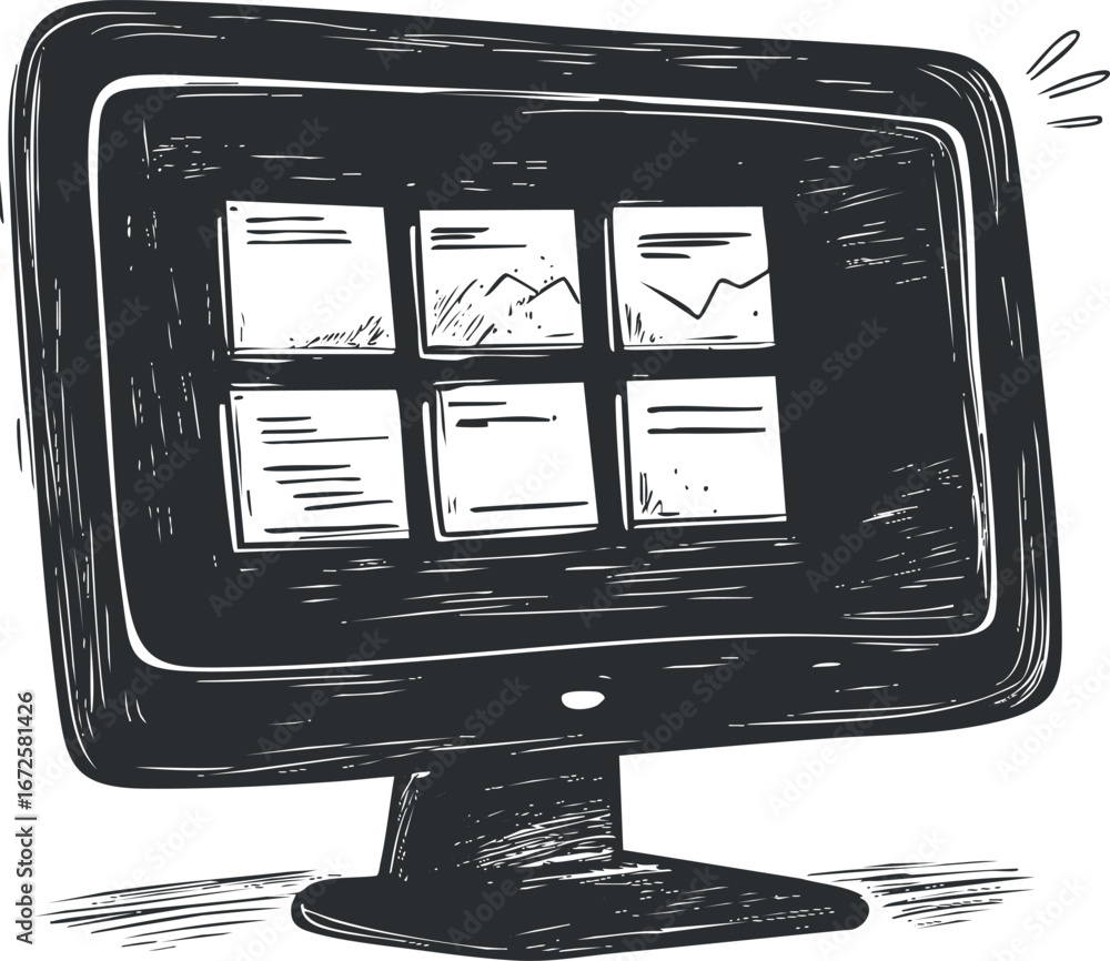 Poster black and white sketch illustration of a computer monitor displaying multiple content windows on the