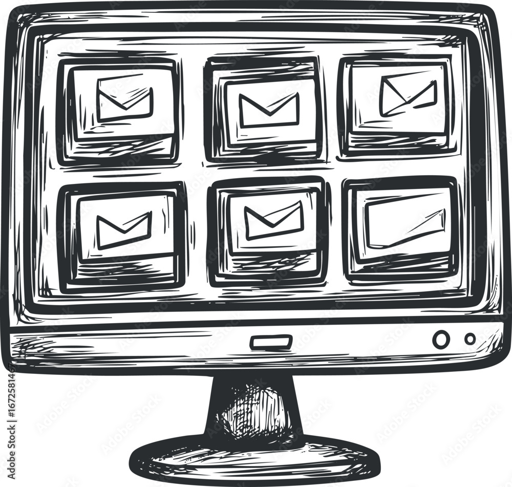 Poster Black and white sketch of a computer monitor displaying multiple email message icons on screen