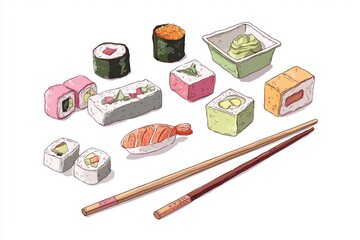 Simple illustration of Asian food items, sushi rolls and chopsticks, minimal details, isolated on white background. Concept of Japanese cuisine, dining, and food culture.