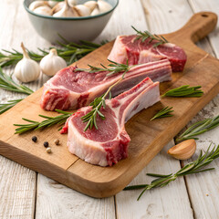 Raw lamb chops with rosemary and garlic on rustic background