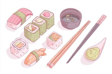 Simple illustration of Asian food items, sushi rolls and chopsticks, minimal details, isolated on white background. Concept of Japanese cuisine, dining, and food culture.
