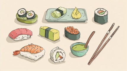 Simple illustration of Asian food items, sushi rolls and chopsticks, minimal details, isolated on white background. Concept of Japanese cuisine, dining, and food culture.