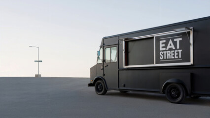 Black Food Truck With Eat Street Sign On Asphalt Under Pale Sky