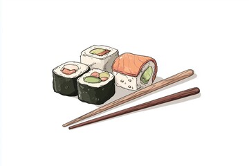 Simple illustration of Asian food items, sushi rolls and chopsticks, minimal details, isolated on white background. Concept of Japanese cuisine, dining, and food culture.