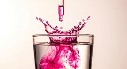 A vibrant splash of magenta dye diffuses through clear water within a glass, creating an intriguing visual of dynamic color interaction.