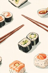 Simple illustration of Asian food items, sushi rolls and chopsticks, minimal details, isolated on white background. Concept of Japanese cuisine, dining, and food culture.