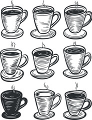 Obraz premium Hand drawn black and white illustrations of steaming hot coffee cups on saucers in various styles