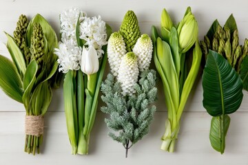 Obraz premium Vibrant floral arrangement featuring various greenery and blooms on light background