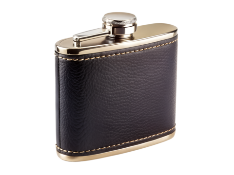Leather hip flask with metal accents and stitching, isolated on transparent background