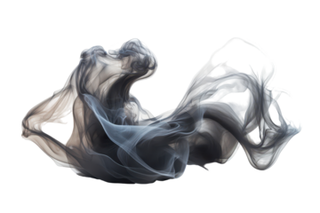 Voluminous mass of dark gray smoke is slowly drifting and billowing on a light background