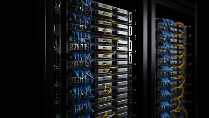 Modern server rack with blinking lights and data cables in a data center environment