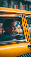 Taxi driver sitting behind the wheel of a yellow cab, visible through the side window, urban street in the background. Transportation, city life, and professional drivers.