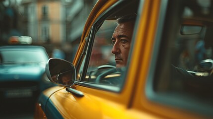 Taxi driver sitting behind the wheel of a yellow cab, visible through the side window, urban street in the background. Transportation, city life, and professional drivers.