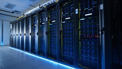 Modern data center with rows of glowing blue illuminated server racks providing essential it infrastructure