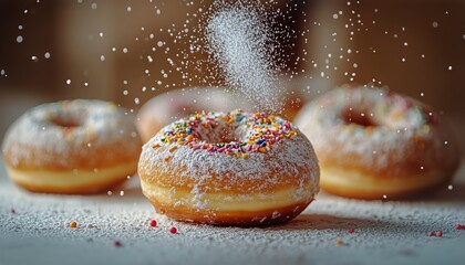 Delicious Donuts Being Dusted With Powdered Sugar and Colorful Sprinkles in a Bakery