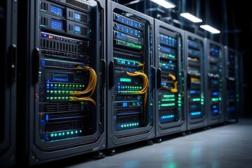 Modern data center rows of glowing servers with fiber optic cables and blurry background