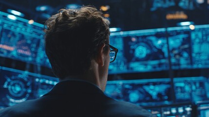 Data Analysis Unveiling Insights with Technology and Focus, Back View of a Person Analyzing Data