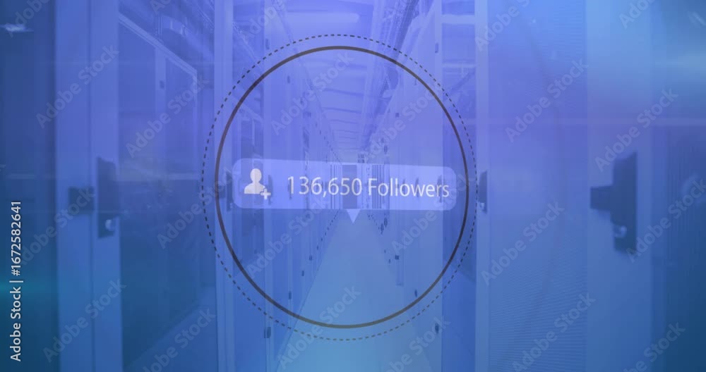 Aufkleber animation of followers text and data processing over computer servers