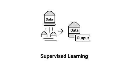 Illustration of data input transforming into output representing supervised learning process flow diagram