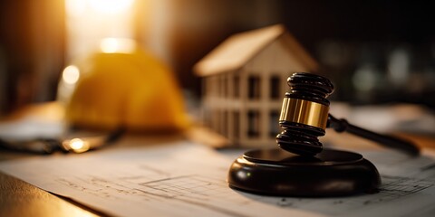 Auction Hammer, Legal Document, Miniature House, and Yellow Hard Hat on a Wooden Surface