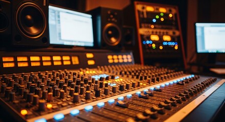 Sound Mixing Console in Recording Studio Ambiance, Warm Lighting and Professional Equipment