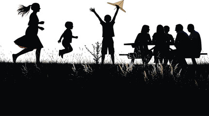 Children and Adults Silhouettes in a Park with a Picnic and Outdoor Games family