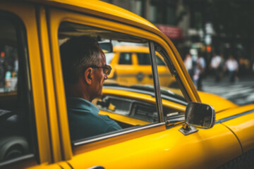 Taxi driver sitting behind the wheel of a yellow cab, visible through the side window, urban street in the background. Transportation, city life, and professional drivers.