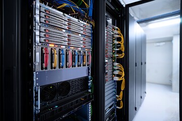 Modern data center racks with glowing led lights and organized cables showcasing advanced technology infrastructure