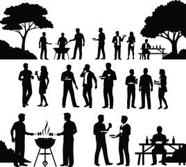 Silhouette scene of a summer barbecue party with people and trees grill