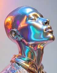 Futuristic Iridescent Sculpture of Person in Profile View with Dynamic Color Reflections and Smooth Metallic Surface Texture
