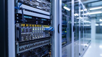 Modern data center server racks with blurry background high-tech network equipment