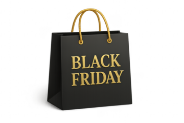 Black Friday shopping bag with golden typography on transparent background