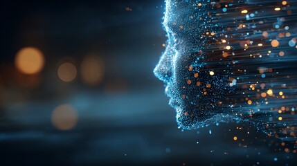 Artificial Intelligence A Humanoid Face Constructed from Light Particles and Motion