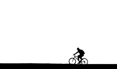 Obraz premium silhouette of one alone old sporty man cyclist with backpack rucksack Isolated on white background ride along horizon line. backdrop.illustration