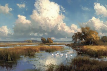 Fototapeta premium Serene marsh landscape with swans under dramatic cloudy sky