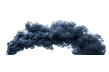 Dramatic grey smoke billows and expands horizontally on a plain white background, creating an abstract cloud effect
