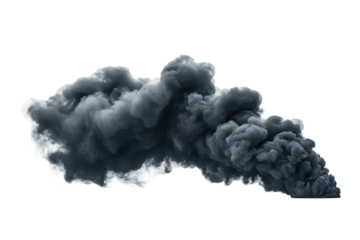 Dramatic grey smoke billows and expands horizontally on a plain white background, creating an abstract cloud effect