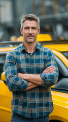 Taxi driver standing confidently in front of yellow cab with folded arms, urban street in the background, daytime lighting. Concept of professional driver, city transportation, and taxi service.
