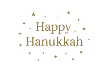 Happy Hanukkah golden lettering with sparkling stars on transparent background