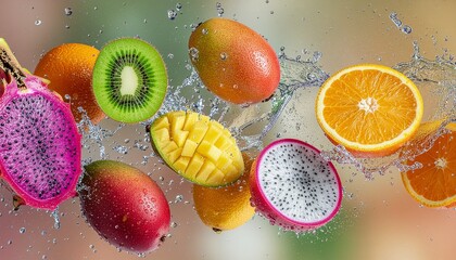 Vibrant Composition of Sliced Tropical Fruits Including Dragon Fruit, Kiwi, Mango, Orange, and Water Splash on Colorful Background