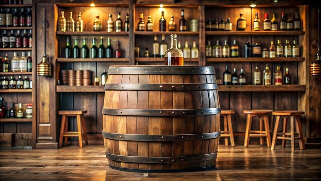 Old wooden barrel in a rustic bar with shelves full of liquor bottles
