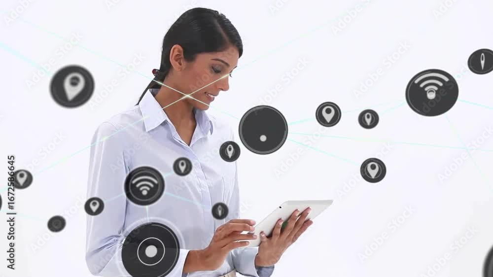 Poster animation of communication and location network over smiling woman using tablet