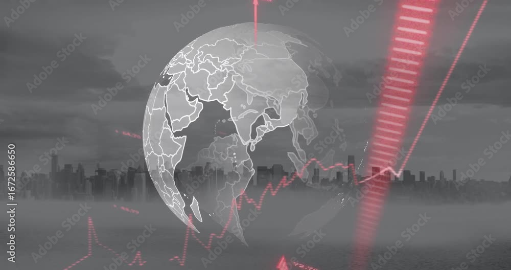 Aufkleber animation of rising red arrows and processing data over grey globe and cityscape