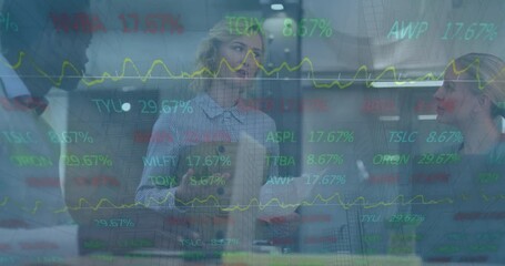 Animation of financial data processing over diverse business people in office - Powered by Adobe