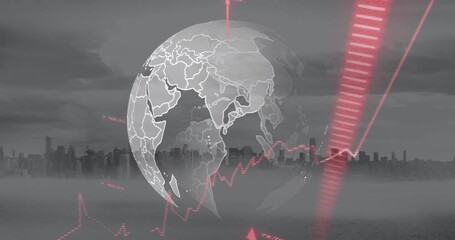 Animation of rising red arrows and processing data over grey globe and cityscape - Powered by Adobe