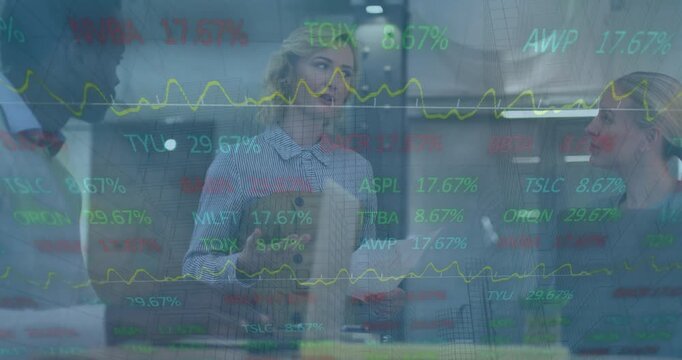 Animation of financial data processing over diverse business people in office - Powered by Adobe